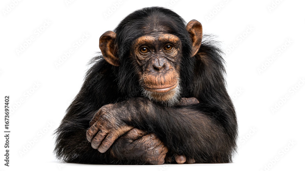 Fototapeta premium Chimpanzee sitting isolated on white background