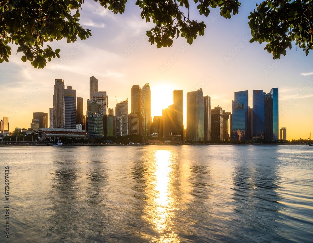 Fototapeta premium City skyline at sunset reflected in water