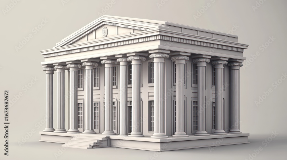 Obraz premium Stylized neoclassical architecture, digital rendering with symmetrical columnar facade