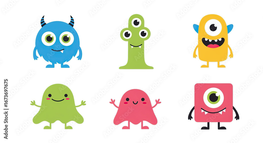 Fototapeta premium Collection of Six Colorful Cartoon Monsters with Various Shapes and Expressions on Transparent Background