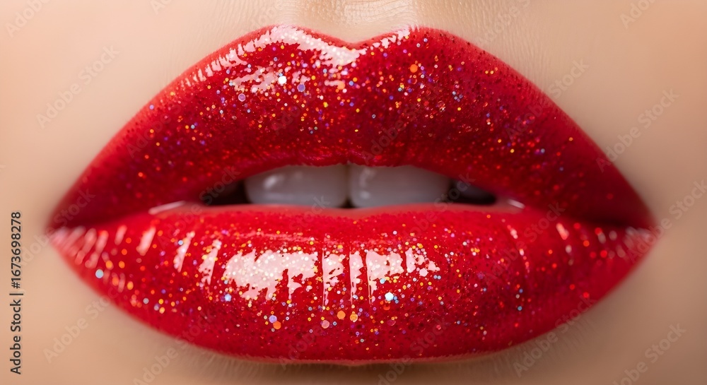 Obraz premium Elegant macro beauty close-up photo of glossy red lips enhanced with sparkling glitter lipstick for editorial fashion imagery