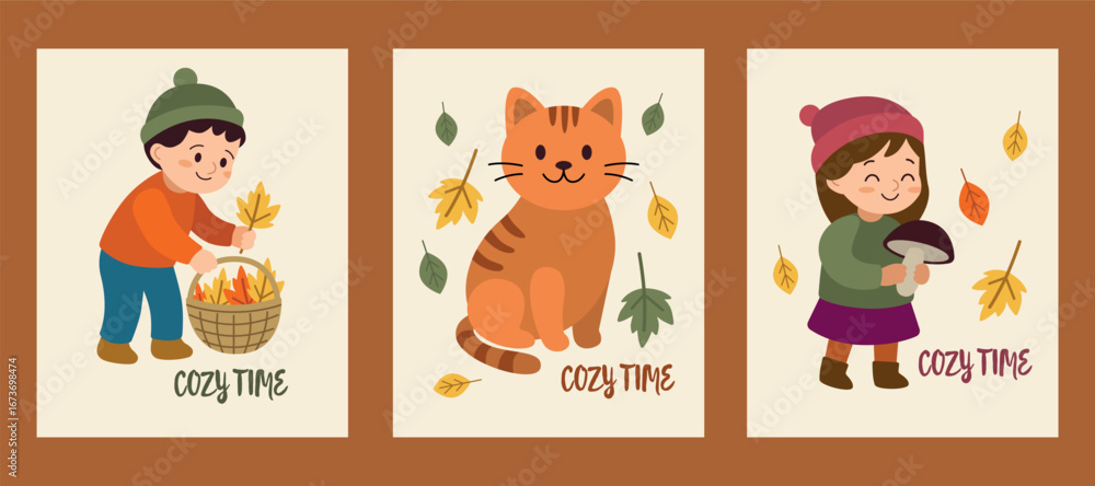Fototapeta premium Autumn cards set with Kids and Cute Cat. Vector illustration. Kids enjoying autumn activities with a playful cat.