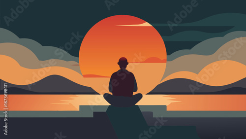 A painting of a man sitting on a ledge, gazing at a vibrant sunset with warm hues filling the sky..eps