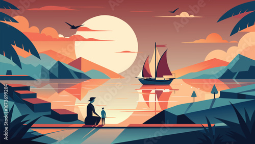 An artwork showing two individuals in a boat, with a ship visible behind them on the water..eps