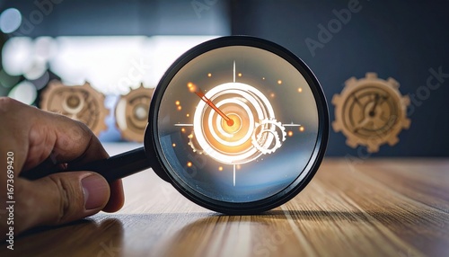 Magnifying glass highlighting dart hitting bullseye on target.