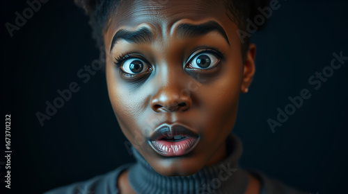 Portrait of emotional young attractive African American female looks surprisedly at camera, being shocked to hear awful news, stupefied and in stupor afraid of difficulties. Excitement concept.
