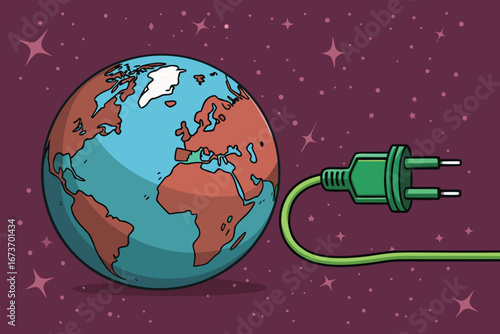 Earth powered by solar energy, a glowing green cable connecting it to a sun-drenched plug, symbolizing sustainable energy solutions and environmental responsibility.