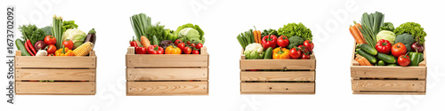 set for Fresh vegetables in wooden crates isolated on transparent background