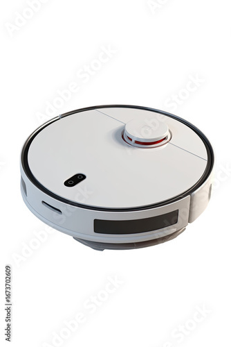 White, round robot vacuum cleaner.  Features a central, slightly recessed, dark gray/black section with sensors.  A small red circular component and a dark sensor are visible.
