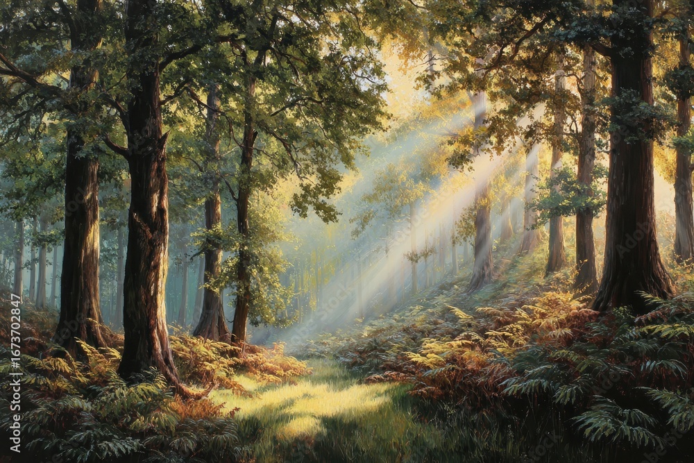 Obraz premium Sun-Drenched Forest Path - Ethereal Light Through Trees, Serene Nature Scene.