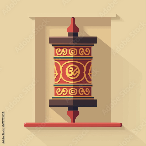 Tibetan prayer wheel with Om mani padme hum mantra on solid color background  