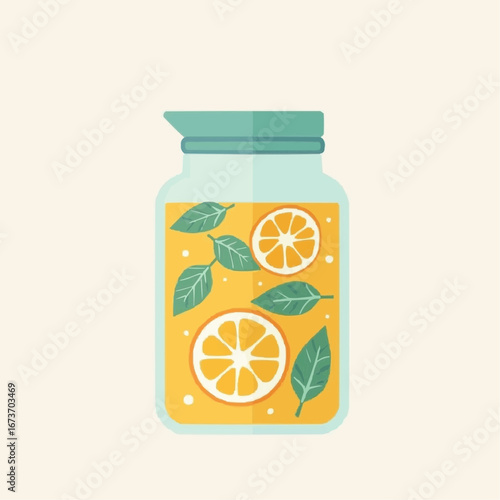 Fruit-infused detox water jar with sliced citrus and mint against solid color  