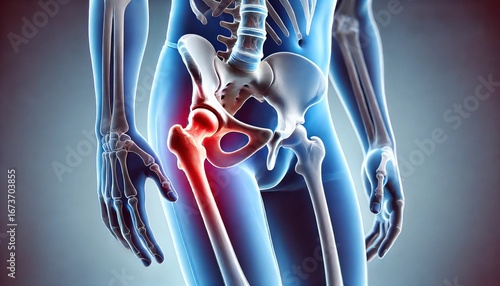 Pain in the hip joint, highlighting conditions such as femur neck fracture, arthritis, and hip dislocation, with emphasis on affected areas. Generative AI illustration.