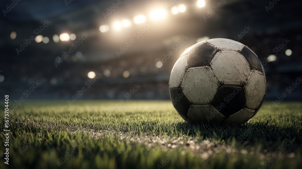 Fototapeta premium Soccer ball on green field under stadium lights. AI image