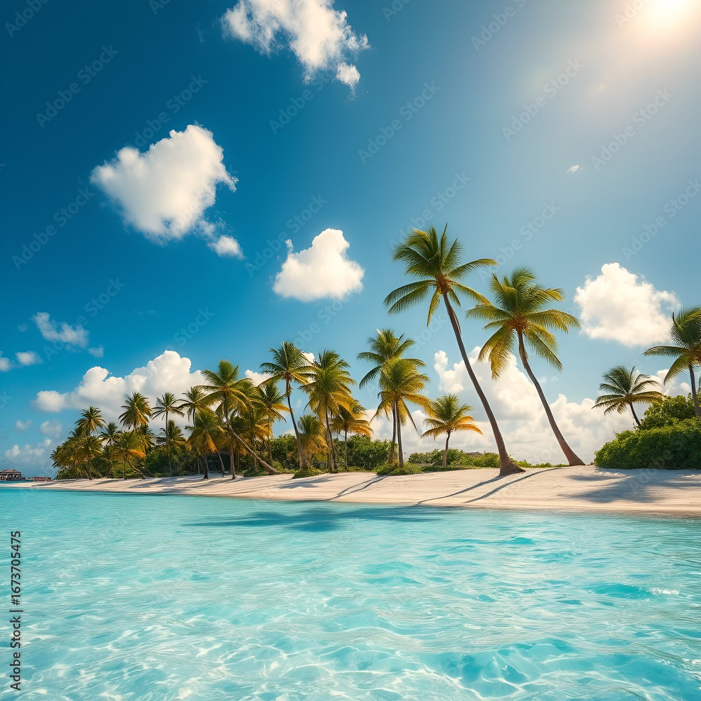 Obraz premium Tropical beach with crystal clear turquoise water, white sand, and tall palm trees under a bright blue sky. A perfect paradise island scenery for relaxation, vacation, and summer getaway.