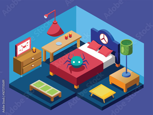 Isometric Bedroom with Bed Bug Infestation Warning Vector