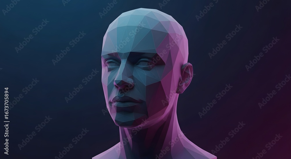 Obraz premium Geometric low poly human head 3D render with blue and pink gradient.