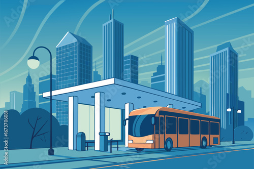 Futuristic electric bus charging at a sleek, eco-friendly urban station, advanced energy technology.