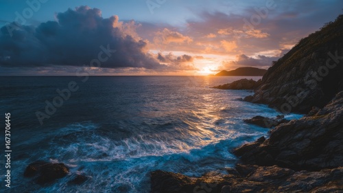 Dramatic coastal sunset over rocky shoreline. AI image