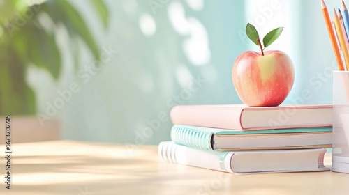 Colorful notebooks and red apple on wooden desk for back to school inspiration