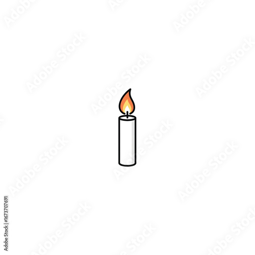 A single white candle with a bright orange and yellow flame, isolated on a white background.