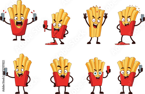 Funny cartoon french fries characters with ketchup, smartphone, selfies, expressions, playful emotions, social media, food mascot, digital fun, snack time illustrations