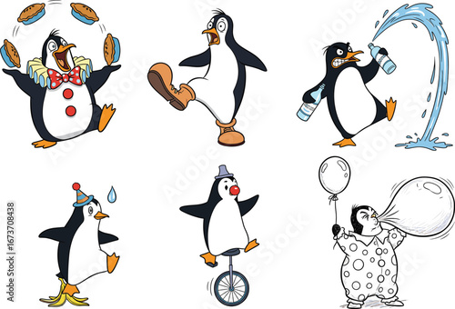 Funny cartoon penguins performing circus acts, juggling, unicycling, dancing, spraying water, clown costumes, humor, entertainment, colorful comic characters