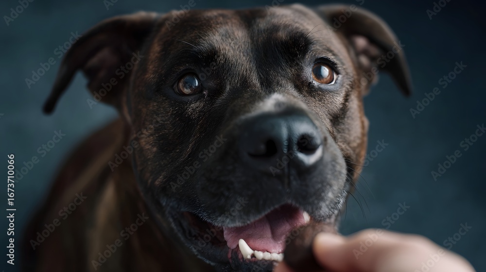 Fototapeta premium Obedient dog receiving a treat from owner during training