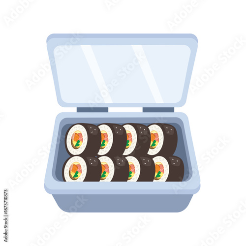 Sushi rolls in a box. Sushi in the food box. Blue lunch box.