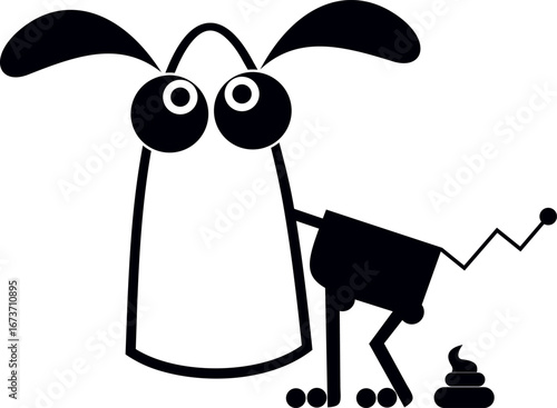 Cartoon dog pooping.
Funny shitting dog or puppy. Flat style. Black and white illustration
