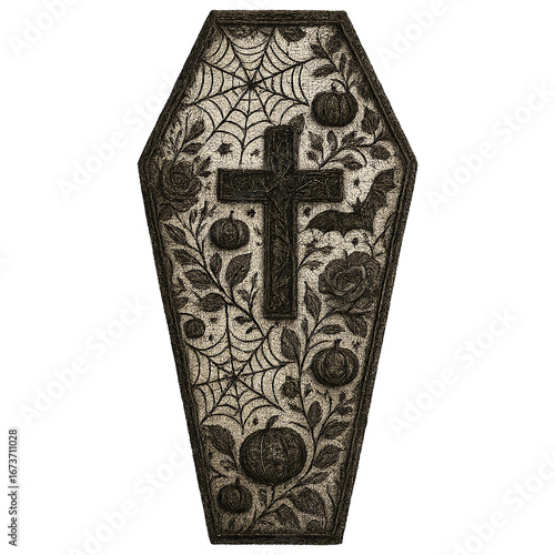 coffin illustration with lace floral pattern decorated with cross pumpkins cobwebs bats and roses in gothic halloween style on dark background concept of apparel design concept of holiday decor