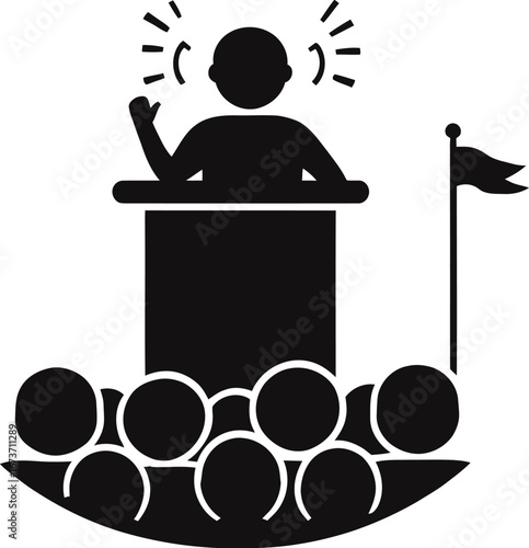 Silhouette of speaker at podium addressing audience with raised hand and flag symbolizing leadership and public speaking