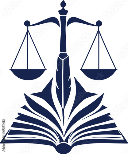 Dark blue vector icon of justice scale quill and open book symbolizing law education fairness and legal knowledge concept