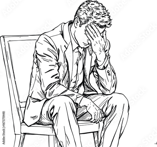 Black and white sketch of a man in suit sitting with hand on face expressing stress anxiety or deep contemplation