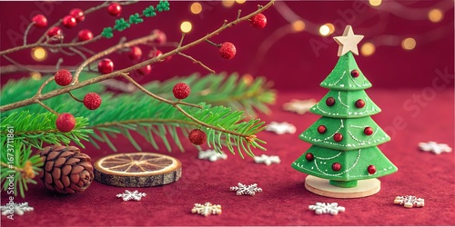 Festive Christmas collage featuring cinnamon, orange slices, pine branches, and a decorative tree christmas, collage, decoration, green tree, red ornaments, cinnamon, orange slices, pine branches, hol