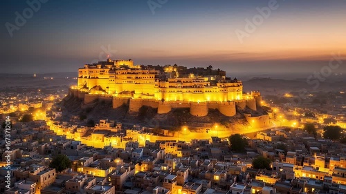 Elevated View of Jaisalmer Fort in Rajasthan at Dusk with Golden Lights Illuminating the Sandstone Walls and Buildings in India