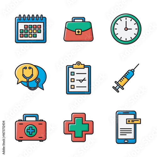 Medical tools illustrate healthcare scene icons in various designs