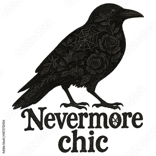 raven illustration with lace floral pattern decorated with roses pumpkins and cobweb in gothic halloween style with phrase nevermore chic on dark background concept of apparel design