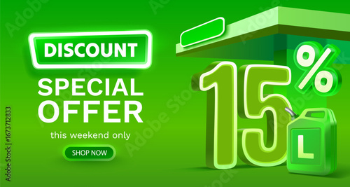 Discount on a canister of gasoline liters, 15 percent discount on liters. Vector illustration