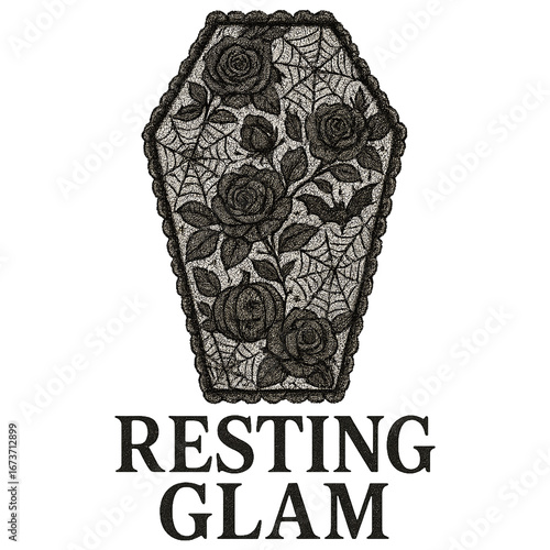 coffin illustration with lace floral pattern decorated with roses bats and cobwebs in gothic halloween style with phrase resting glam on dark background concept of apparel design concept of holiday de