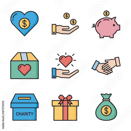 Charitable icons support fundraising campaign representing global donation concept