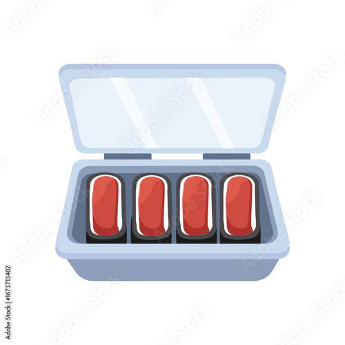 Sushi box with open lid, food delivery or takeout concept. Beef sushi. Beef sashimi. Sushi in the food box.
