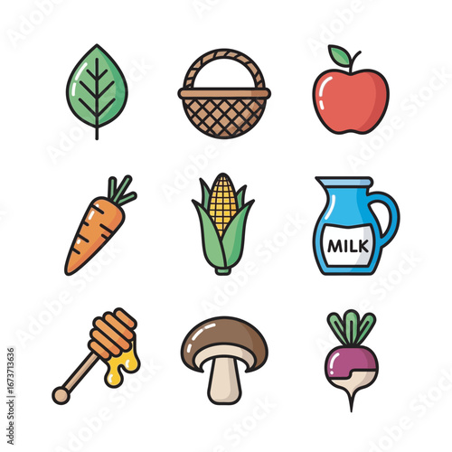 Assorted produce icons display harvest flat white background