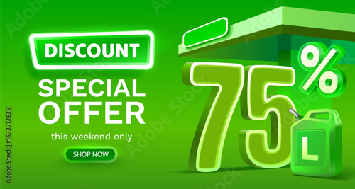 Discount on a canister of gasoline liters, 75 percent discount on liters. Vector illustration