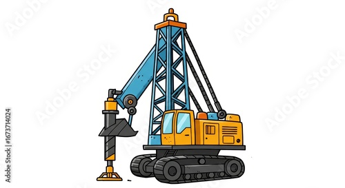Construction drilling machine in colorful cartoon style  