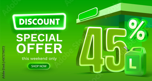 Discount on a canister of gasoline liters, 45 percent discount on liters. Vector illustration