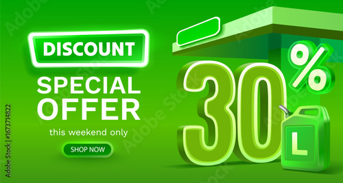 Discount on a canister of gasoline liters, 30 percent discount on liters. Vector illustration