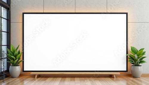 Modern interior design featuring a large blank frame, minimalistic decor, and indoor plants for versatile display options