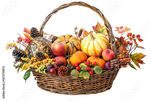 A vibrant autumn harvest basket filled with colorful pumpkins, apples, and seasonal foliage on a bright backdrop isolated on transparent background