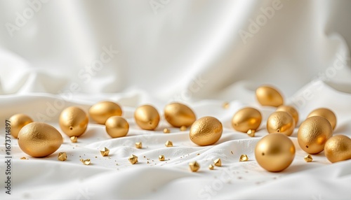 Elegant Display of Golden Eggs on Soft White Fabric with Sparkling Accents for Festive Celebrations and Decorations